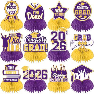 12Pcs Purple and Yellow Graduation Decorations Honeycomb Centerpieces, Class of 2026 Graduations Centerpieces for Tables Purple and Yellow Congrats Grad Graduation Table Decoration Grad Centerpiece