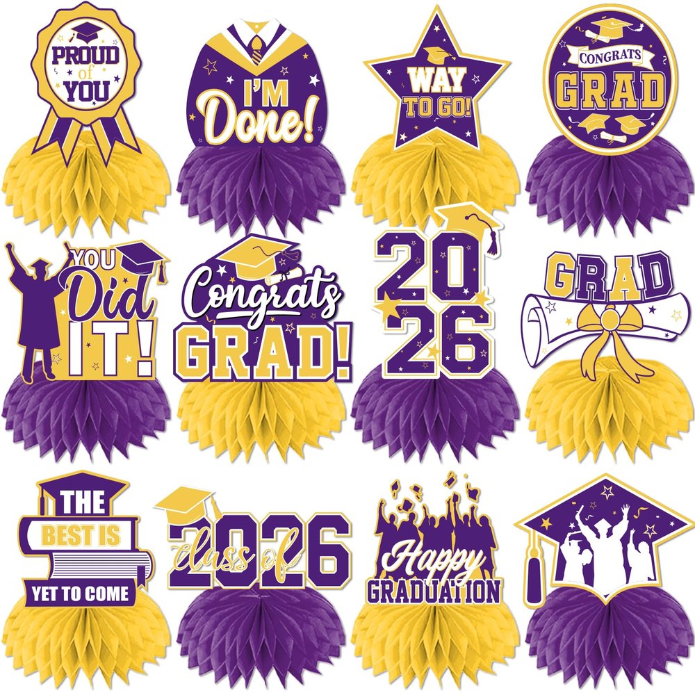 12Pcs Purple and Yellow Graduation Decorations Honeycomb Centerpieces, Class of 2026 Graduations Centerpieces for Tables Purple and Yellow Congrats Grad Graduation Table Decoration Grad Centerpiece