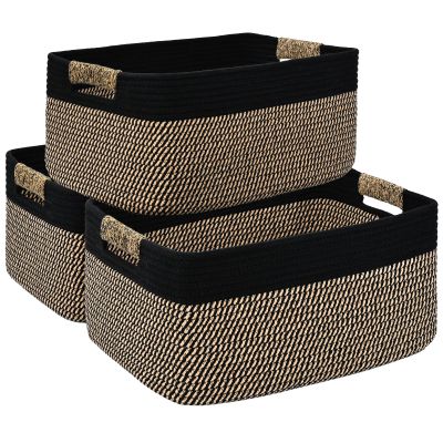 3 Pack Large Storage Basket for Organizing, 17.5"x13.5"x7.5" Woven Basket for Shelves, Closet Cube Storage Bins with Wrapped Handle, Cotton Rope Baskets for Kitchen, Clothes, Toys(Black & Brown)
