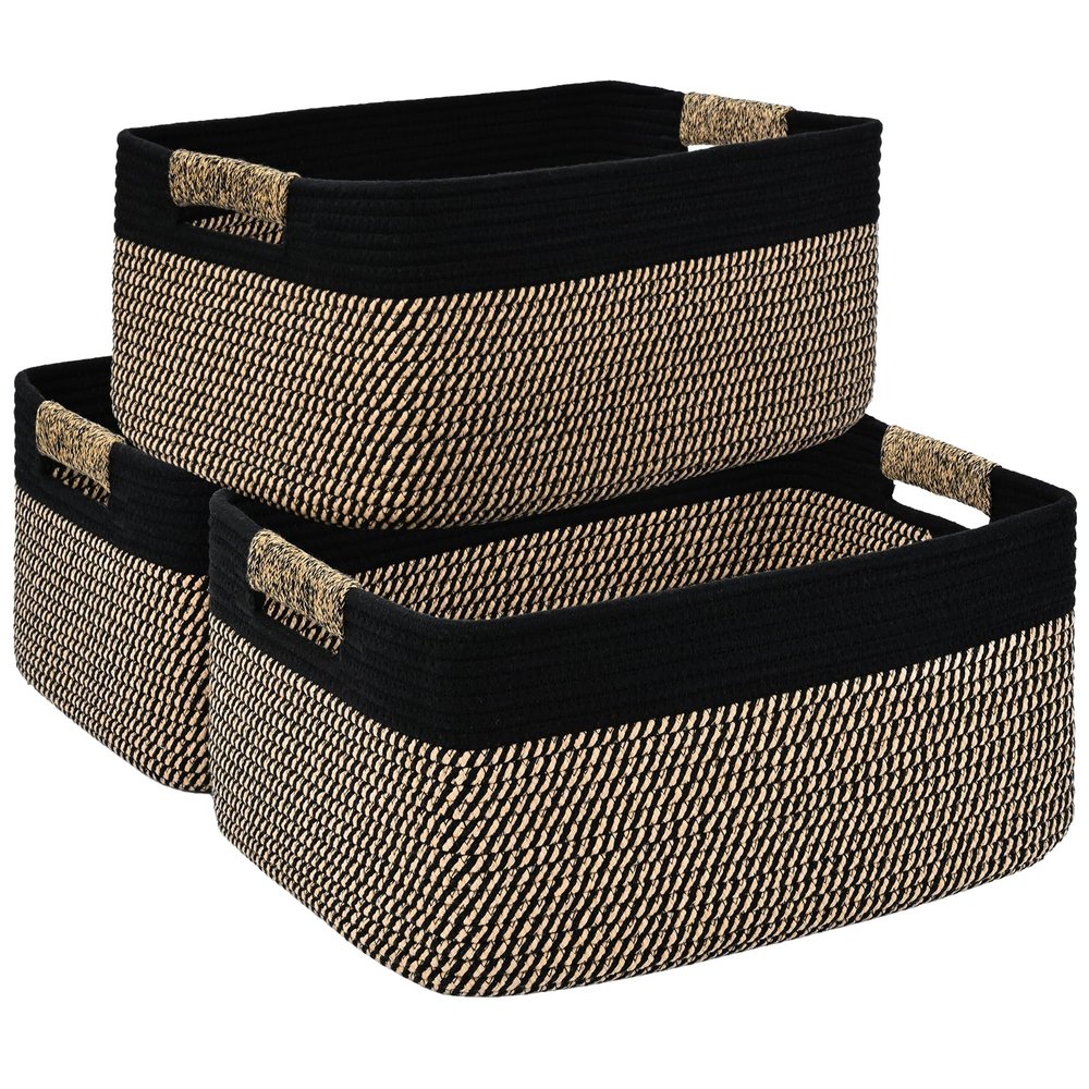 3 Pack Large Storage Basket for Organizing, 17.5"x13.5"x7.5" Woven Basket for Shelves, Closet Cube Storage Bins with Wrapped Handle, Cotton Rope Baskets for Kitchen, Clothes, Toys(Black & Brown)