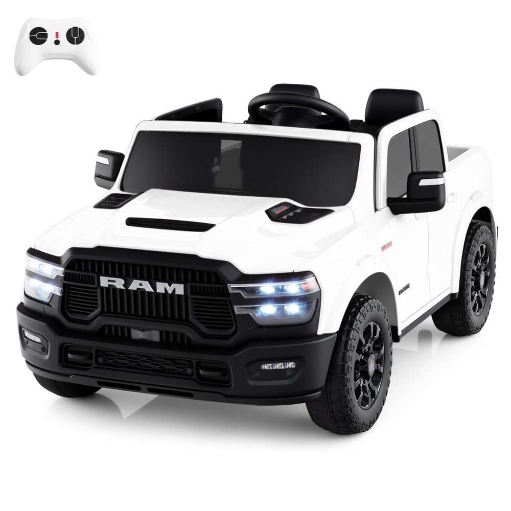 Costzon 2 Seater 24V Ride on Toy for Big Kids, Licensed 2025 Ram Rebel Electric Vehicles, Ride on Car Pickup Truck w/Remote, Storage, 2 x 100W Motors, Lights, Music & 4-Wheel Suspension (Pure White)