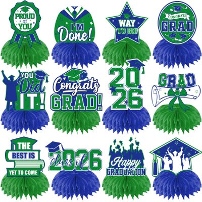 12Pcs Green and Blue Graduation Decorations Honeycomb Centerpieces, Class of 2026 Graduations Centerpieces for Tables Green and Blue Congrats Grad Graduation Table Decoration Grad Centerpiece