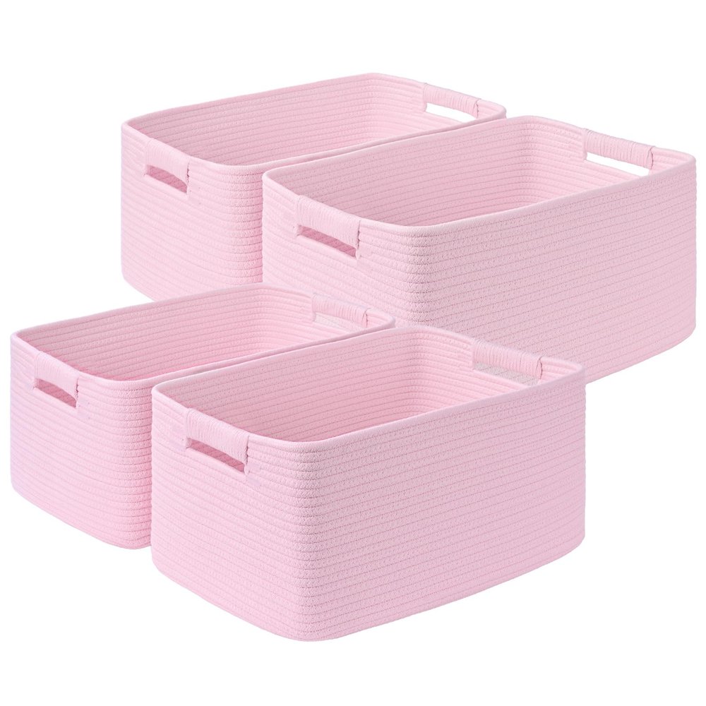 4 Pack Large Storage Basket for Organizing, 17.5"x13.5"x7.5" Woven Basket for Shelves, Closet Cube Storage Bins with Wrapped Handle, Cotton Rope Baskets for Kitchen, Clothes, Toys(Light Pink)