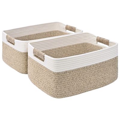 2 Pack Large Storage Basket for Organizing, 17.5"x13.5"x7.5" Woven Basket for Shelves, Closet Storage Bins with Wrapped Handle, Cotton Rope Baskets for Kitchen, Clothes, Toys(Off White & Brown)