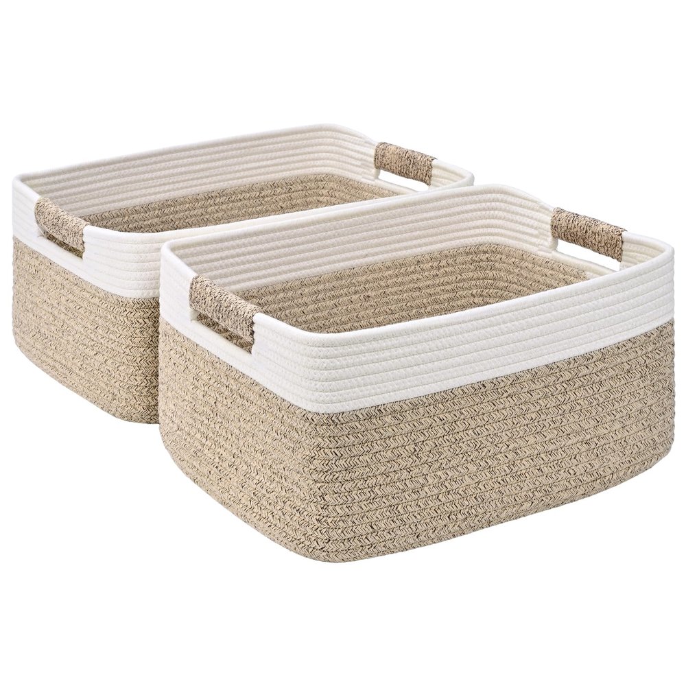 2 Pack Large Storage Basket for Organizing, 17.5"x13.5"x7.5" Woven Basket for Shelves, Closet Storage Bins with Wrapped Handle, Cotton Rope Baskets for Kitchen, Clothes, Toys(Off White & Brown)