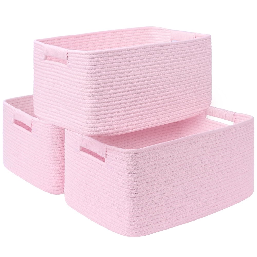 3 Pack Large Storage Basket for Organizing, 17.5"x13.5"x7.5" Woven Basket for Shelves, Closet Cube Storage Bins with Wrapped Handle, Cotton Rope Baskets for Kitchen, Clothes, Toys(Light Pink)