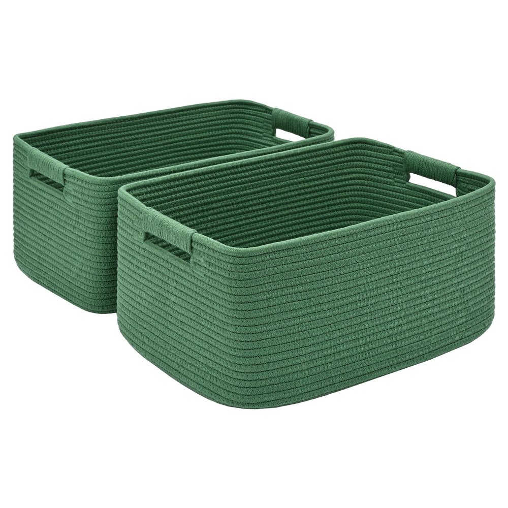 2 Pack Large Storage Basket for Organizing, 17.5"x13"x7" Woven Basket for Shelves, Closet Cube Storage Bins with Wrapped Handle, Cotton Rope Baskets for Kitchen, Clothes, Toys(Green)