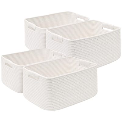 4 Pack Large Storage Basket for Organizing, 17.5"x13.5"x7.5" Woven Basket for Shelves, Closet Cube Storage Bins with Wrapped Handle, Cotton Rope Baskets for Kitchen, Clothes, Toys(Off White)