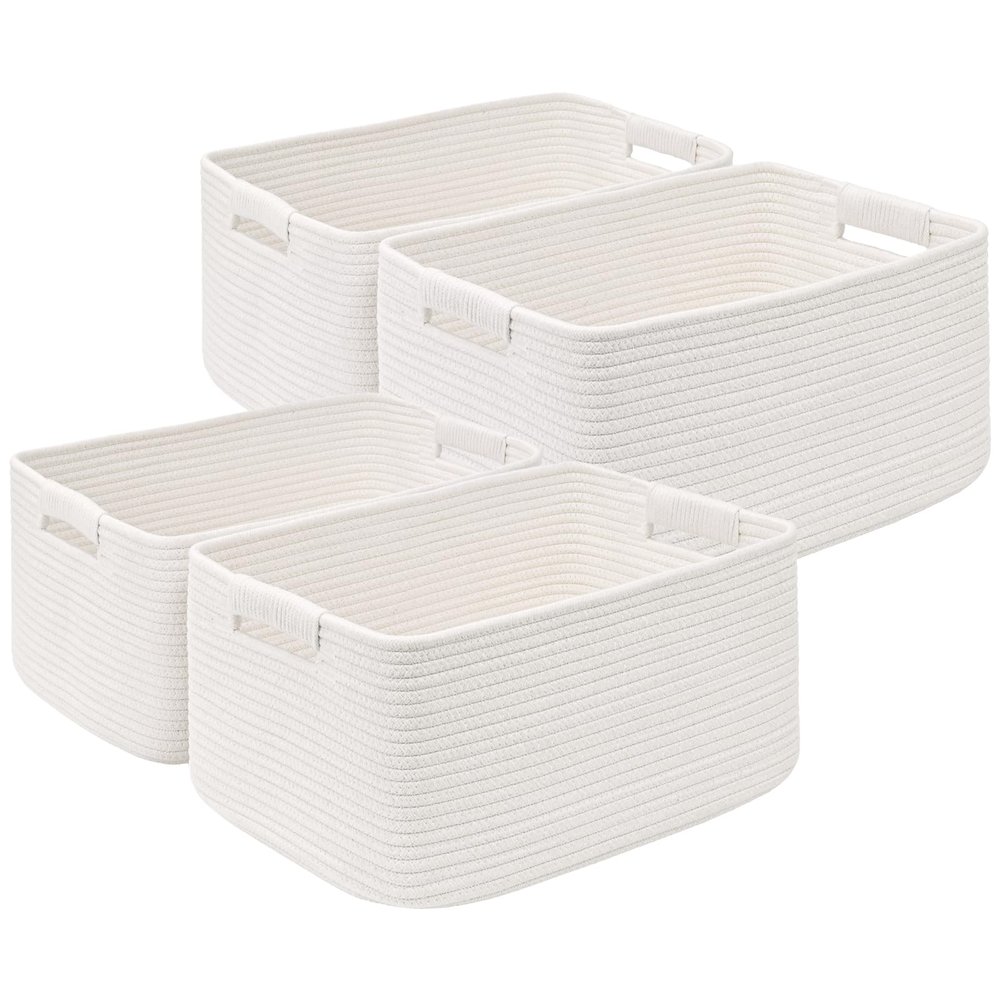 4 Pack Large Storage Basket for Organizing, 17.5"x13.5"x7.5" Woven Basket for Shelves, Closet Cube Storage Bins with Wrapped Handle, Cotton Rope Baskets for Kitchen, Clothes, Toys(Off White)