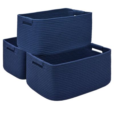 3 Pack Large Storage Basket for Organizing, 17.5"x13"x7" Woven Basket for Shelves, Closet Cube Storage Bins with Wrapped Handle, Cotton Rope Baskets for Kitchen, Clothes, Toys(Navy Blue)