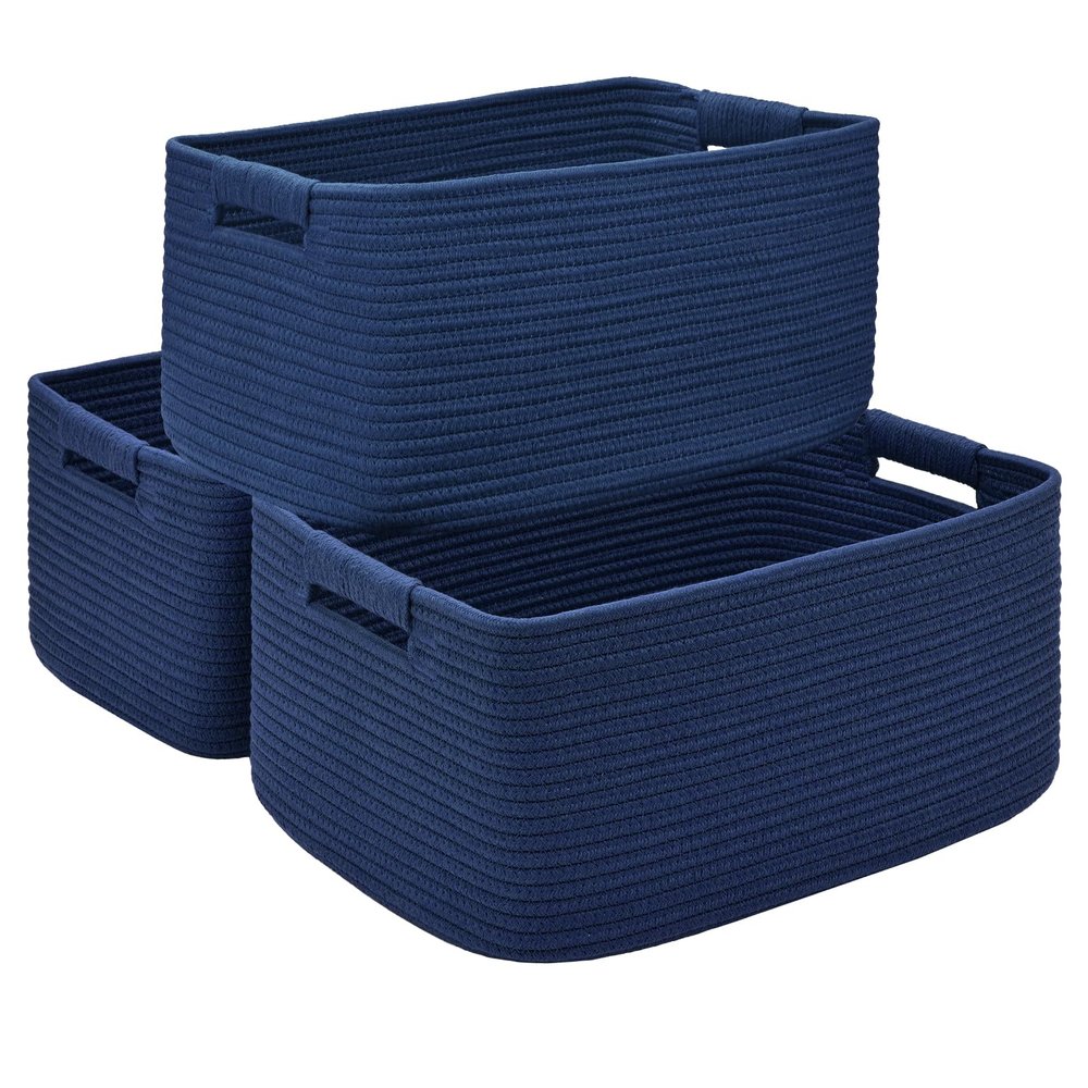 3 Pack Large Storage Basket for Organizing, 17.5"x13"x7" Woven Basket for Shelves, Closet Cube Storage Bins with Wrapped Handle, Cotton Rope Baskets for Kitchen, Clothes, Toys(Navy Blue)