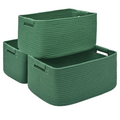 3 Pack Large Storage Basket for Organizing, 17.5"x13.5"x7.5" Woven Basket for Shelves, Closet Cube Storage Bins with Wrapped Handle, Cotton Rope Baskets for Kitchen, Clothes, Toys(Green)