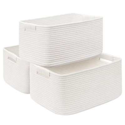 3 Pack Large Storage Basket for Organizing, 17.5"x13.5"x7.5" Woven Basket for Shelves, Closet Cube Storage Bins with Wrapped Handle, Cotton Rope Baskets for Kitchen, Clothes, Toys(Off White)