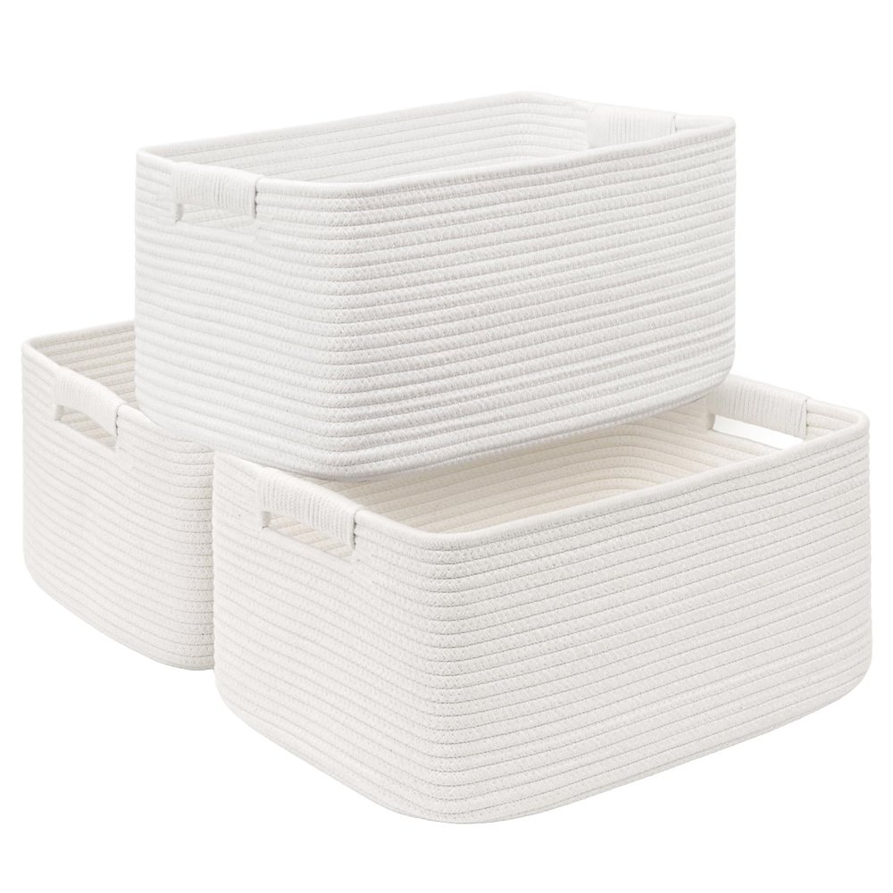 3 Pack Large Storage Basket for Organizing, 17.5"x13.5"x7.5" Woven Basket for Shelves, Closet Cube Storage Bins with Wrapped Handle, Cotton Rope Baskets for Kitchen, Clothes, Toys(Off White)