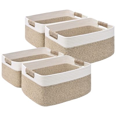 4 Pack Large Storage Basket for Organizing, 17.5"x13.5"x7.5" Woven Basket for Shelves, Closet Cube Storage Bins with Wrapped Handle, Cotton Rope Baskets for Kitchen, Clothes, Toys(Off White & Brown)