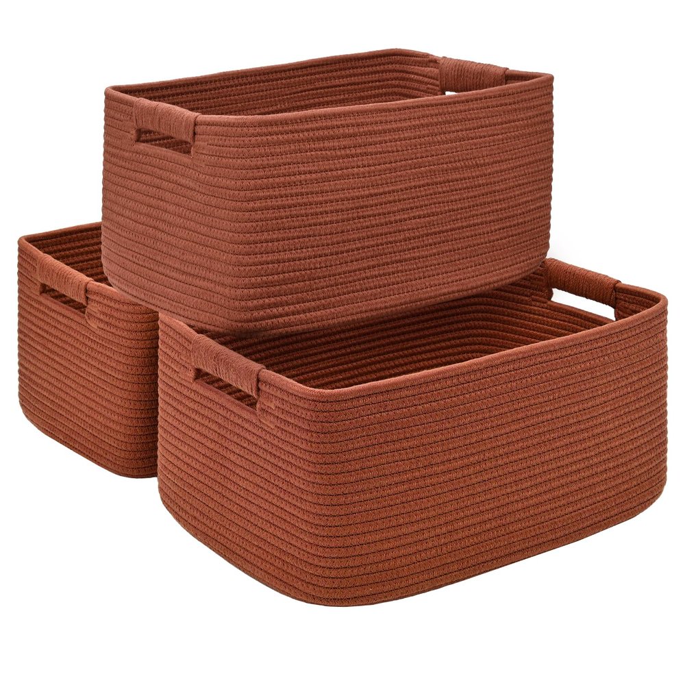3 Pack Large Storage Basket for Organizing, 17.5"x13.5"x7.5" Woven Basket for Shelves, Closet Cube Storage Bins with Wrapped Handle, Cotton Rope Baskets for Kitchen, Clothes, Toys(Oxide Red)