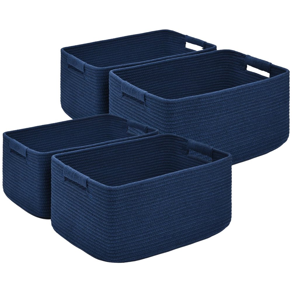 4 Pack Large Storage Basket for Organizing, 17.5"x13.5"x7.5" Woven Basket for Shelves, Closet Cube Storage Bins with Wrapped Handle, Cotton Rope Baskets for Kitchen, Clothes, Toys(Navy Blue)