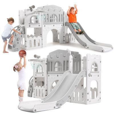 8-in-1 Toddler Playground Activity Set  Includes Slide, Climber, Basketball Hoop, Tunnel, Telescope, Steering Wheel & Storage  Durable Indoor/Outdoor Play Equipment for Ages 1-3  Gray