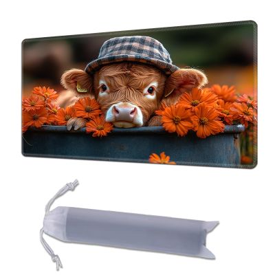 HGGJFLYX Playmat for MTG, 24x14 Inch for TCG Playmat with Non-Slip Rubber Base, Smooth Surface Stitched Edges, Magic Card Game Mat with Storage Bag, and Desk Mousepad, Flower Cow