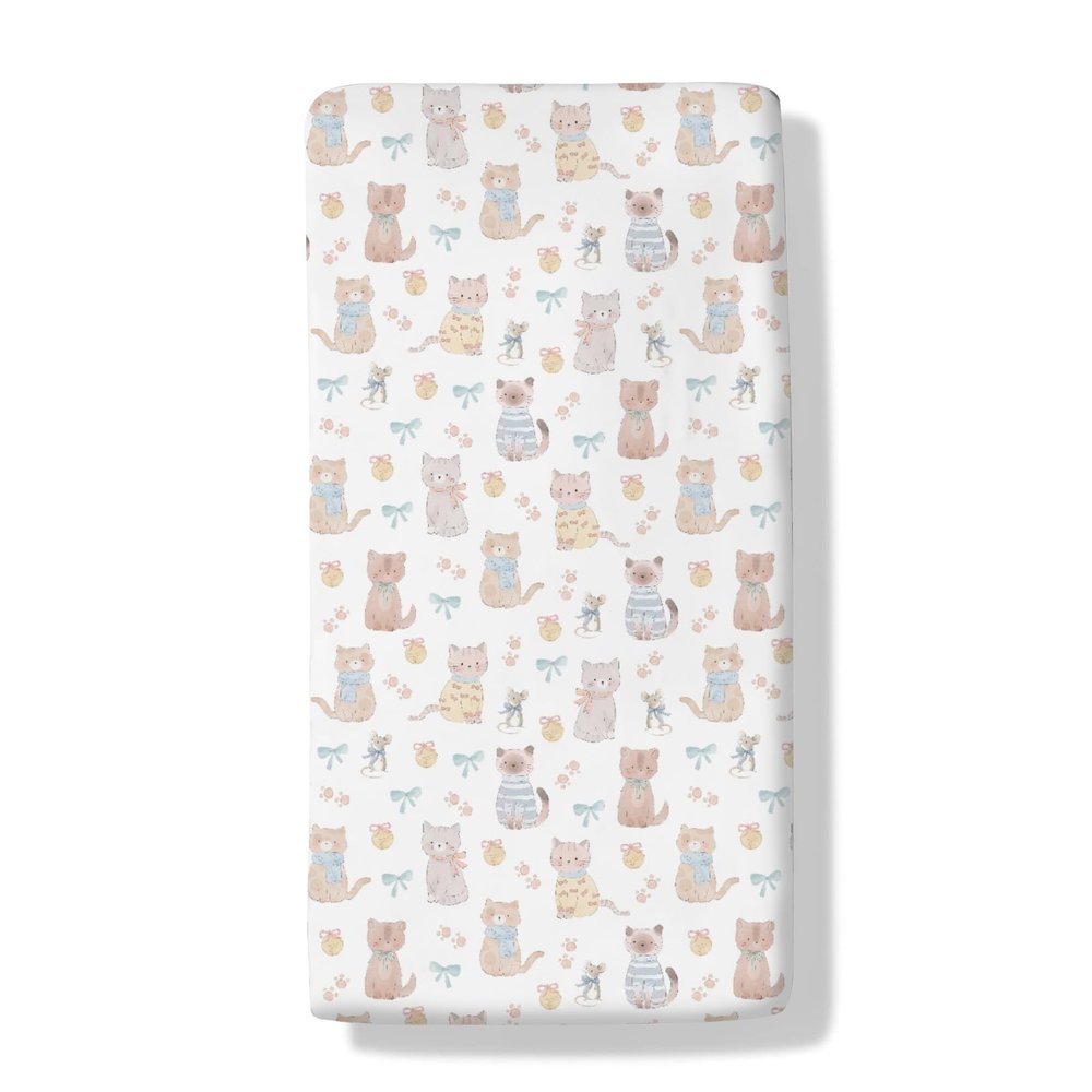 Cute Cats Mouse Baby Boys Girls Crib Sheets Pastel Kittens Paws Bows Bells Toddler Bed Sheets Cats Lovers Gift Fitted Crib Mattress Cover for Standard Crib Mattresses 52''x28''