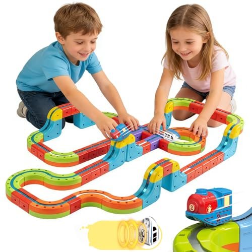Electric Train Set for Kids with 2 Trains, Infinity Racer 3D Train, DIY Railway Block- Cube Track Train Toys, STEM Gravity-Defying Magnetic Train Track for Boys Girls 4 5 6 7 8+ (Large)