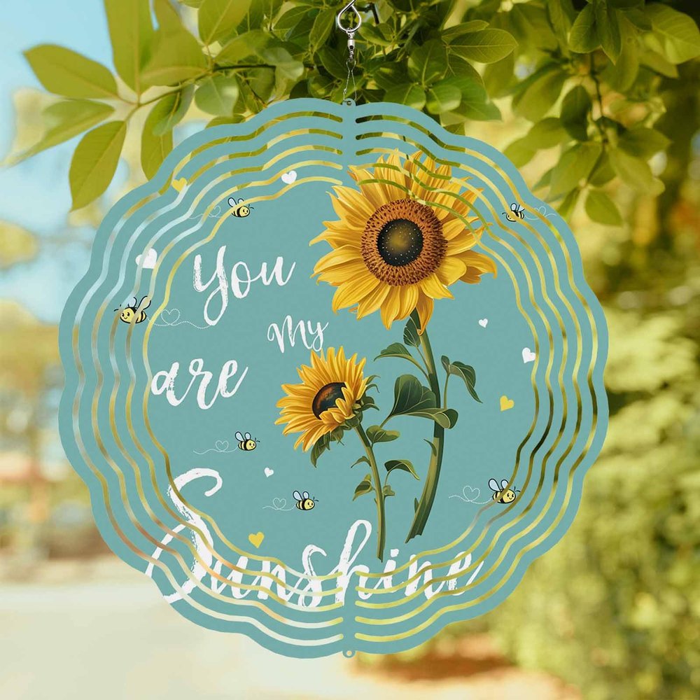 Farmhouse Sunflower Bee on Turquoise Wind Spinner for Garden Yard 3D Stainless Steel Hanging Wind Spinners, You are My Sunshine Spinners Outdoor Metal Decor for Lawn Patio Home