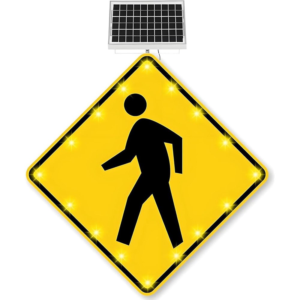 24in Solar Pedestrian Crossing Sign, Flashing LED Highlight Road Traffic Blinking Street Warning Sign, for Park School Urban/Road Community, Aluminum IP65 Weatherproof Crosswalk Signs