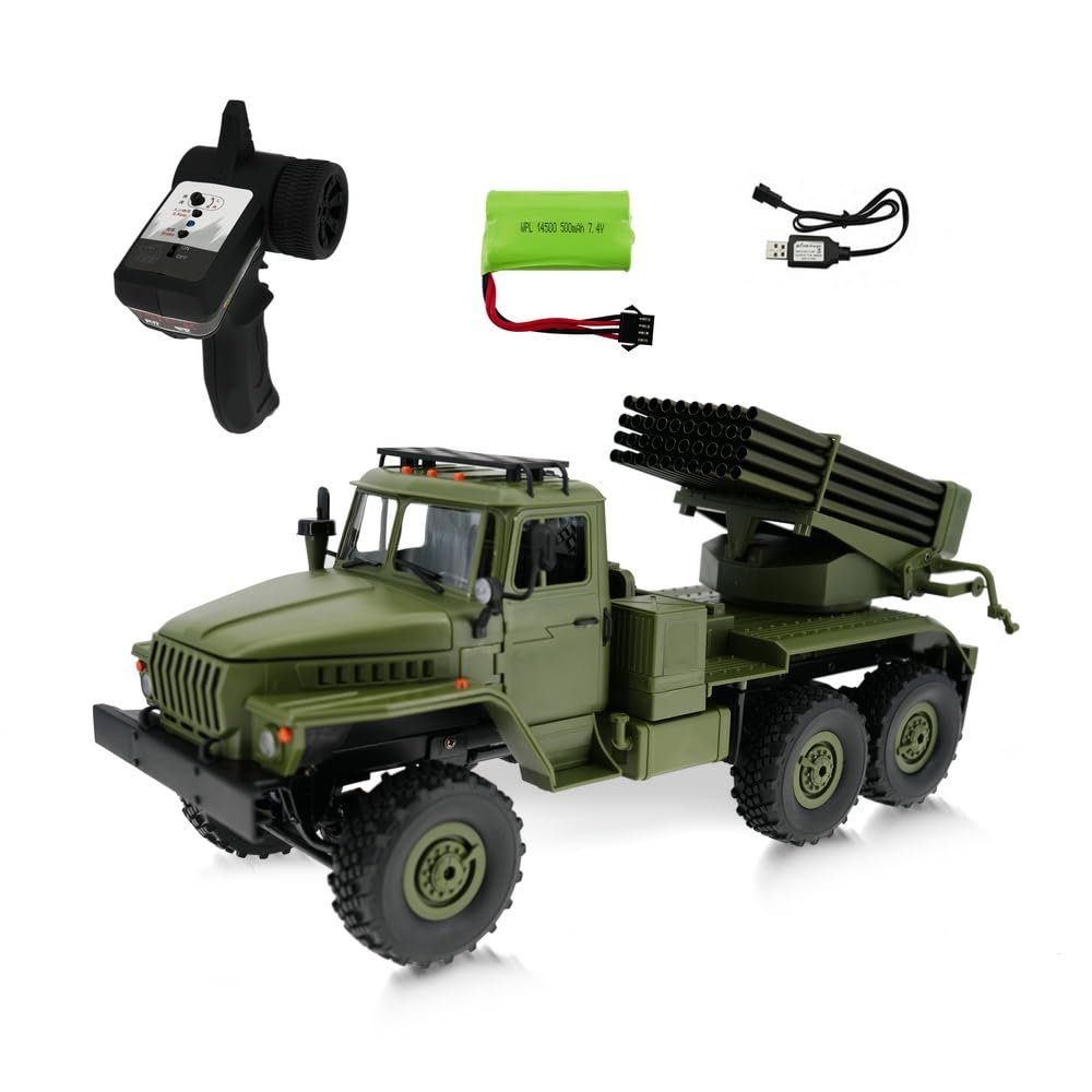 1/16 Scale RC Car Model, Full Proportional Steering 6WD Climbing Truck with 370 Motor, BM-21 Military Remote Control Rocket Launcher Vehicle for Adults