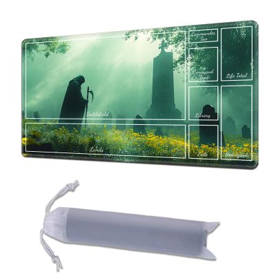 HGGJFLYX Playmat with Zone for MTG,24x14 Inch for TCG Playmat with Non-Slip Rubber Base,Smooth Surface Stitched Edges,Magic Card Game Mat with Storage Bag,and Desk Mousepad,Green Skull Graveyard