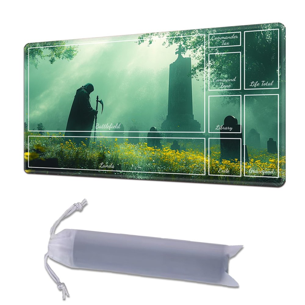 HGGJFLYX Playmat with Zone for MTG,24x14 Inch for TCG Playmat with Non-Slip Rubber Base,Smooth Surface Stitched Edges,Magic Card Game Mat with Storage Bag,and Desk Mousepad,Green Skull Graveyard