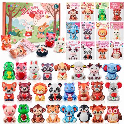 24 Pack Valentines Day Gifts for Kids Classroom, Cute Animal Mochi Squishies Toys with Valentine Cards, Stress Relief Fidget Squeeze Toys for School Classroom Exchange Party Favors Goodie Bag Stuffers