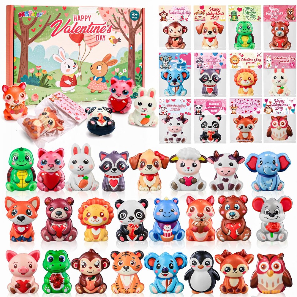 24 Pack Valentines Day Gifts for Kids Classroom, Cute Animal Mochi Squishies Toys with Valentine Cards, Stress Relief Fidget Squeeze Toys for School Classroom Exchange Party Favors Goodie Bag Stuffers