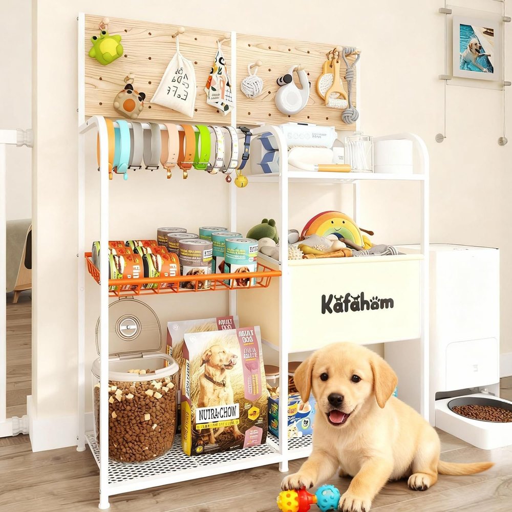 KAFAHOM Dog Toy Basket with Pegboard, Dogs Toy Bin with Storage Organizer, All-in-One Dog Stuff Box & Essential Holder, Perfect Basket for Dog Toys in Living Room, Great Gifts for Pet Lovers, White