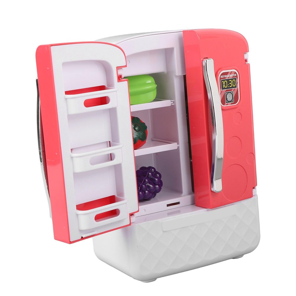 Aqur2020 Play Fridge Simulation Miniature Refrigerator Toy, ABS Material, Requires 2 AA Batteries, 6 Pieces with 5 Accessories