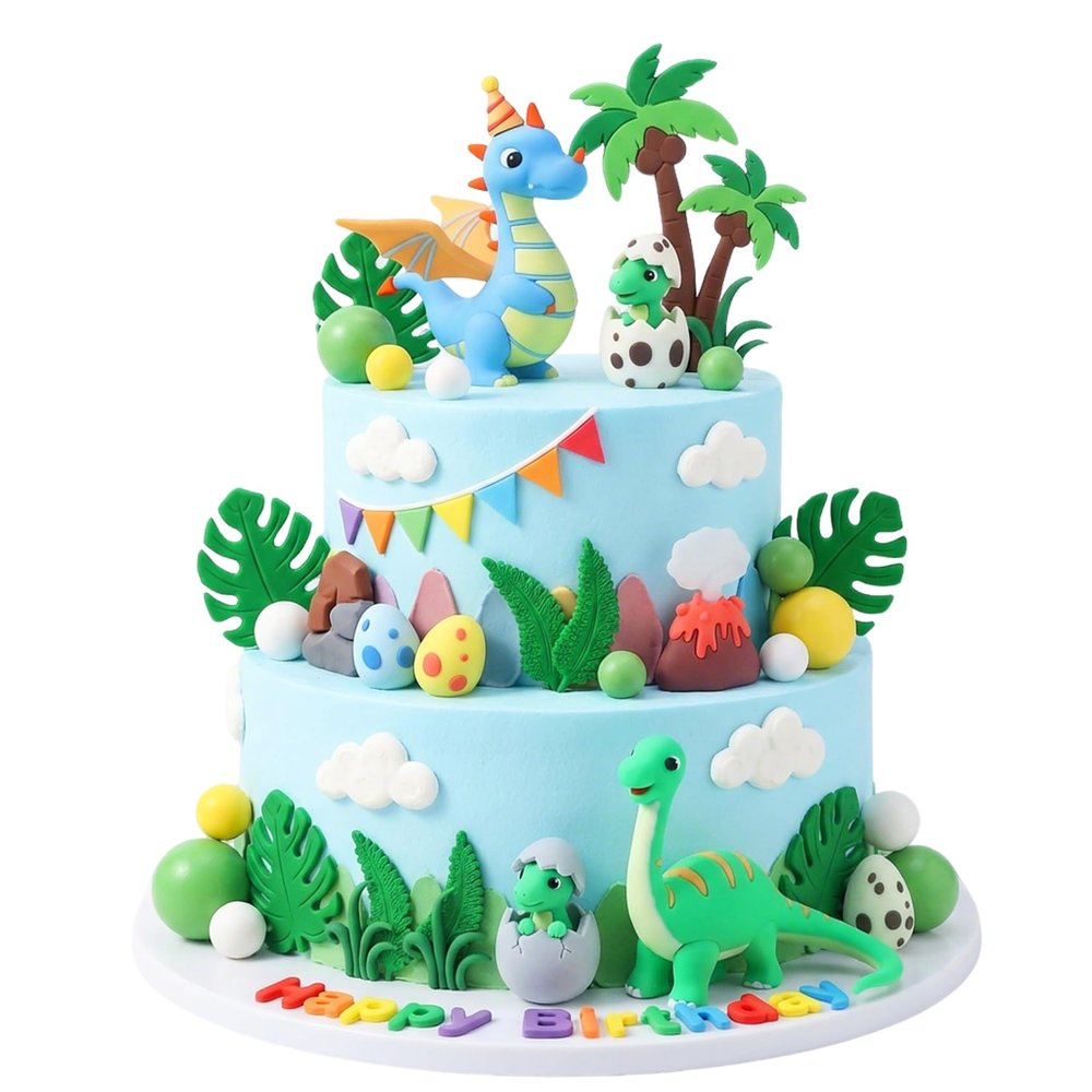 15Pcs Dinosaur Birthday Cake Topper with Volcano Dinosaur Eggs Cake Topper for Dinosaur Themed Birthday Party Supplies