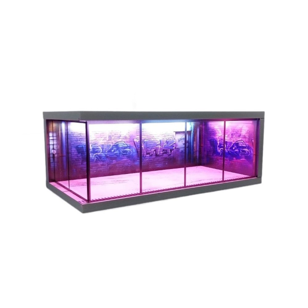 1/64 Scale Diorama Car Garage Cyberpunk Style Model LED Display Case, USB Powered, Diecast Car Display Model Showcase with Pink and Blue Lighting, Graffiti Wall Background, 11.4x5.7x4.3 Inches (B)