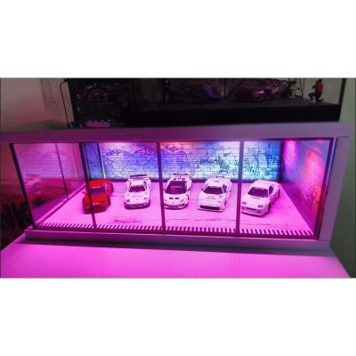 1/64 Scale Diorama Car Garage Cyberpunk Style Model LED Display Case, USB Powered, Diecast Car Display Model Showcase with Pink and Blue Lighting, Graffiti Wall Background, 11.4x5.7x4.3 Inches (A)