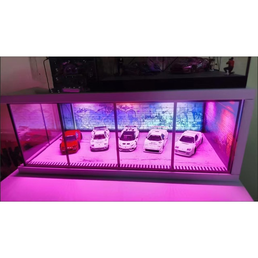 1/64 Scale Diorama Car Garage Cyberpunk Style Model LED Display Case, USB Powered, Diecast Car Display Model Showcase with Pink and Blue Lighting, Graffiti Wall Background, 11.4x5.7x4.3 Inches (A)