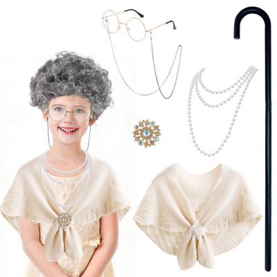 100 Days of School Costume for Girls Kids 100th Day of School Outfit 100 Year Old Outfit Grandma Granny Dress Up Old Lady Costume Accessory with Wig, knit Shawl,Glasses, Cane, Grandma Cosplay Kit