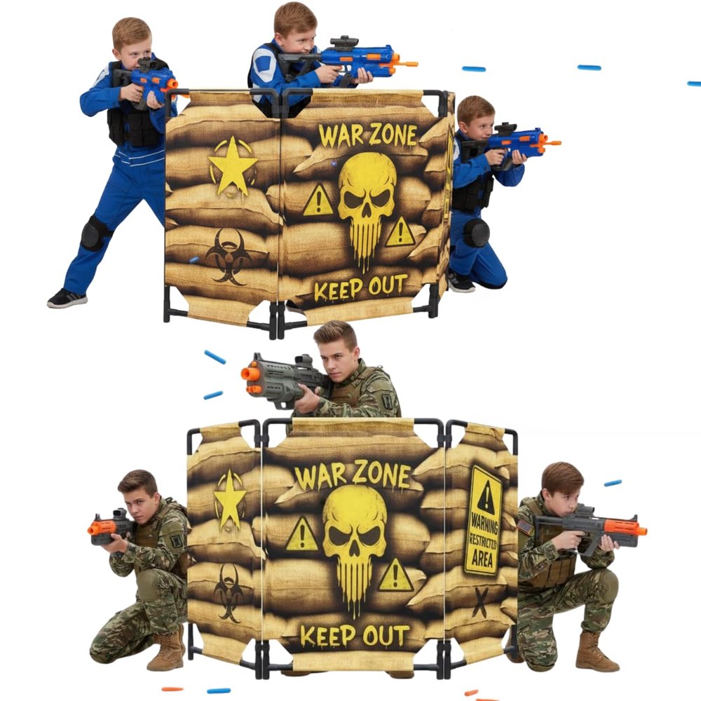 2-Pack Tactical Bunker & Foldable Battlefield Obstacles 59x34 Combat Battle Zone Fort, Compatible with Laser Tag, Foam Blaster, Birthday Activities, Party Supplies + Interactive Target Board