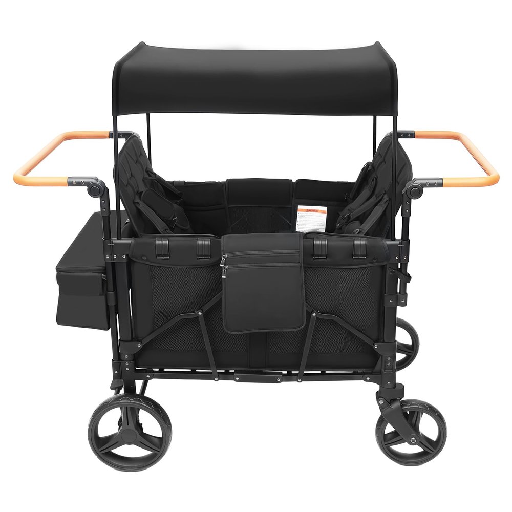 4 Seater Folding Wagon Stroller, 3 in 1 Push Pull Collapsible Stroller with 5-Point Safety Harness, Adjustable Canopy & Ample Organizer, All-Terrain Wagon for Parks, Beaches, and Camping