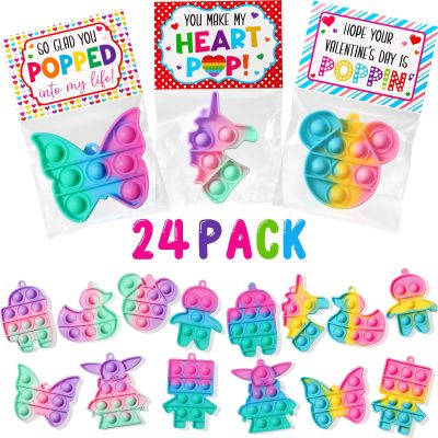 24PCS Unicorn Pop Fidget Keychain Valentines Day Cards for Kids School Classroom Valentine Day Exchange Gifts Pop Sensory Stress Toys for Toddlers Boys Girls Party Favor Goodie Bags Stuffer Treat Bulk