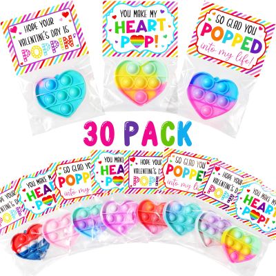 30PCS Heart Pop Fidget Keychain Valentines Day Cards for Kids School Classroom Valentine Day Exchange Gifts Pop Sensory Stress Toys for Toddlers Boys Girls Party Favors Goodie Bags Stuffers Treat Bulk