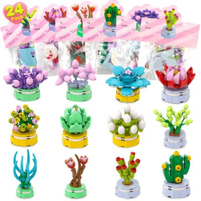 24 Pack Valentines Day Gifts for Kids - Valentines Day Cards for Kids School Classroom with Succulent Flower Building Blocks for Class Exchange, Party Favors, Goodie Bags Stufffers for Girls Boys