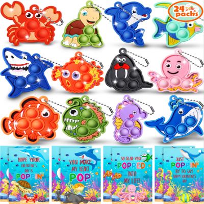 24PCS Sea Animal Fidget Keychain Valentines Day Cards for Kids School Classroom Valentine Day Exchange Gifts Pop Sensory Stress Toys for Toddlers Boys Girls Party Favor Goodie Bags Stuffers Treat Bulk
