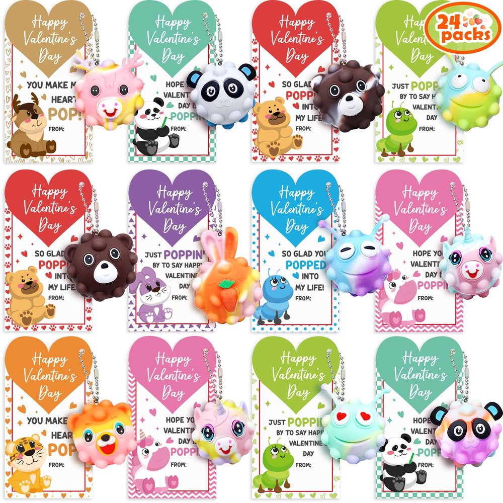 24PCS Valentines Day Cards for Kids School Classroom with 3D Animal Pop Fidget Toys Valentine Day Exchange Gifts Bulk Stress Ball Toy for Toddlers Boys Girls Valentine's Party Favor Goodie Bag Stuffer