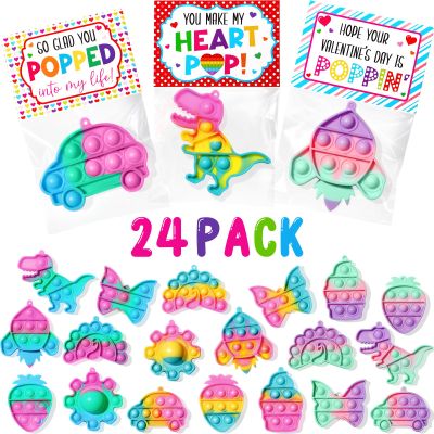 24PCS Dinosaur Pop Fidget Keychain Valentines Day Cards for Kids School Classroom Valentine Day Exchange Gifts Pop Sensory Stress Toy for Toddlers Boys Girls Party Favor Goodie Bags Stuffer Treat Bulk