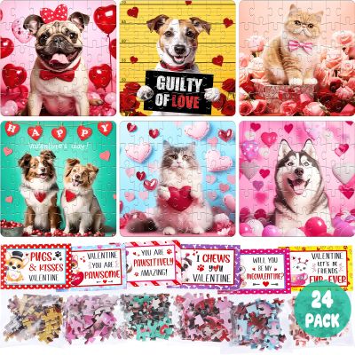 24PCS Valentines Day Cards for Kids School Classroom with Cat & Dog Jigsaw Puzzles Toys Birthday Gifts Party Favors for Toddlers Boys Girls Goodie Bag Stuffers Treat Bulk Valentine Day Exchange Gifts