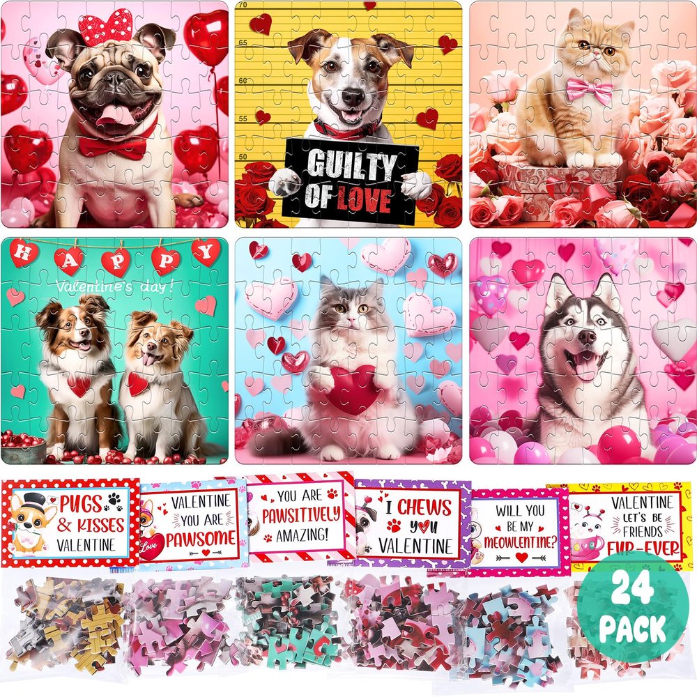 24PCS Valentines Day Cards for Kids School Classroom with Cat & Dog Jigsaw Puzzles Toys Birthday Gifts Party Favors for Toddlers Boys Girls Goodie Bag Stuffers Treat Bulk Valentine Day Exchange Gifts
