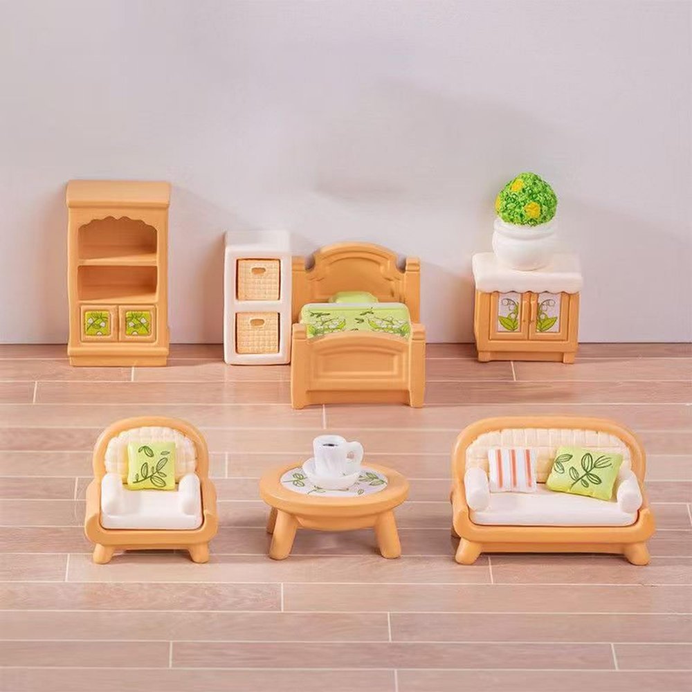 10 Pieces Miniature Dollhouse Furniture Collection, Living Room and Bedroom Set with Chairs, Sofa, Cabinet, Decorative Accessories, Tan and White